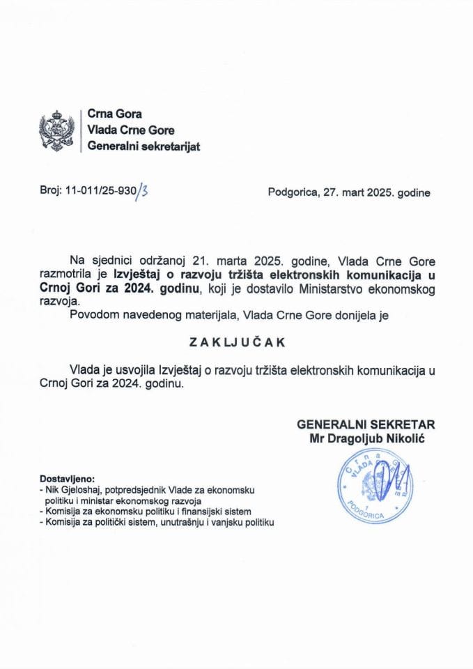 Извјештај о развоју тржишта електронских комуникација у Црној Гори за 2024. годину  - закључци