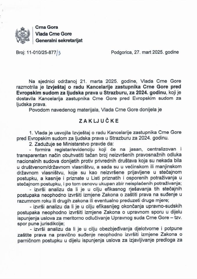 Извјештај о раду Канцеларије заступника Црне Горе пред Европским судом за људска права у Стразбуру, за 2024. годину - Закључци