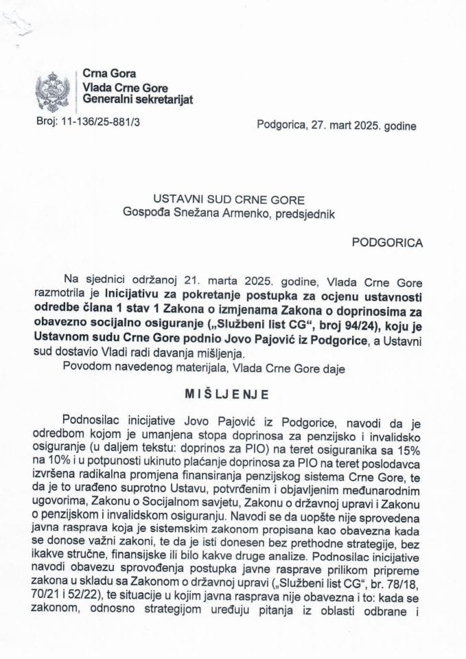 Предлог мишљења на Иницијативу за покретање поступка за оцјену уставности одредбе члана 1 став 1 Закона о измјенама Закона о доприносима за обавезно социјално осигурање („Службени лист ЦГ“, број 94/24), коју је поднио Јово Пајовић, из Подгорице -Закључци