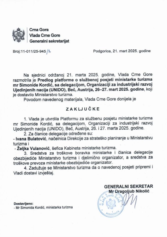 Предлог платформе о службеној посјети министарке туризма мр Симониде Кордић, са делегацијом, Организацији за индустријски развој Уједињених нација (UNIDO), 26 - 27. март 2025. године,Беч, Аустрија - Закључци