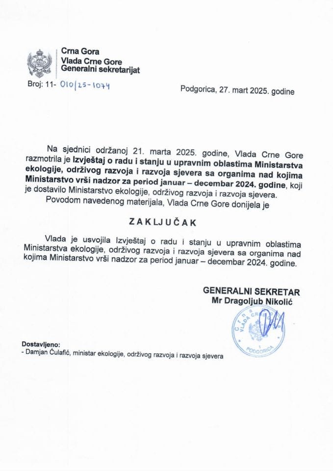 Извјештај о раду и стању у управним областима Министарства екологије, одрживог развоја и развоја сјевера са органима над којима Министарство врши надзор за период јануар-децембар 2024. године - Закључци