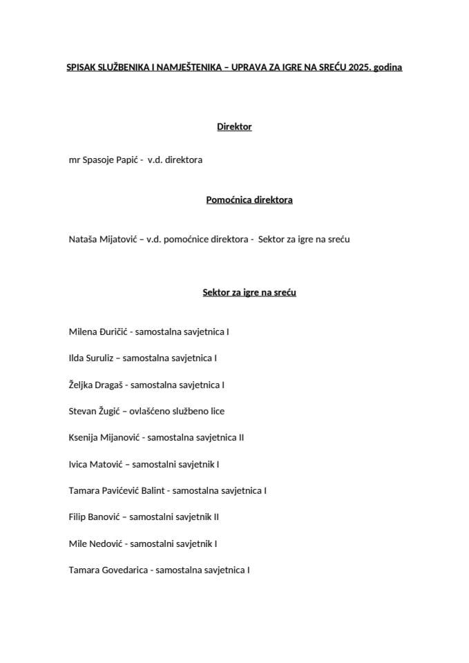 Spisak državnih službenika i namještenika 2025 UIS