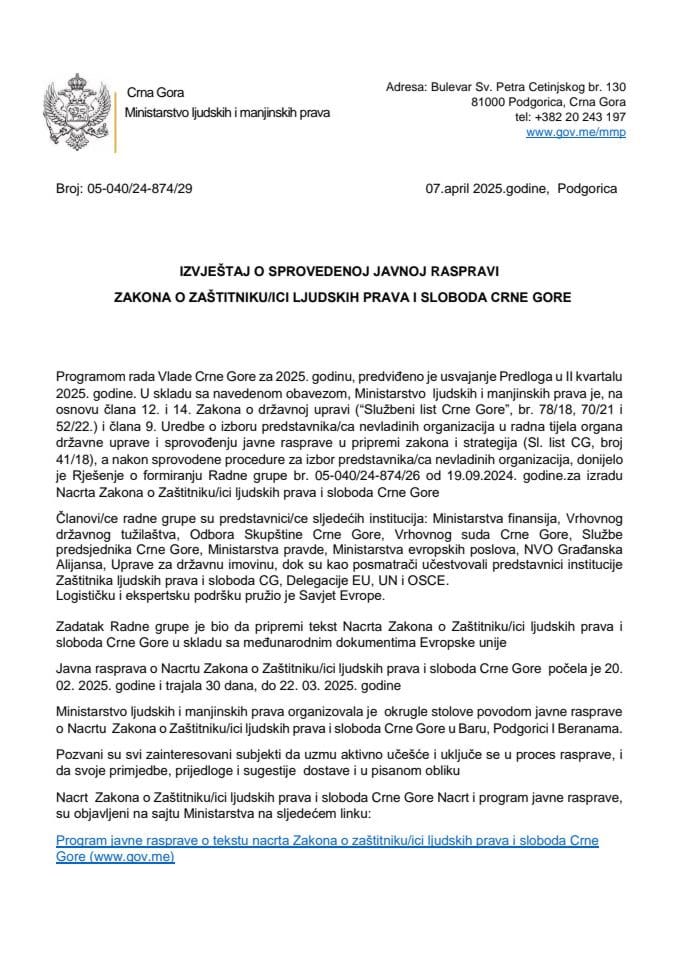 IZVJEŠTAJ O SPROVEDENOJ JAVNOJ RASPRAVI ZAKONA O ZAŠTITNIKU/ICI LJUDSKIH PRAVA I SLOBODA CRNE GORE