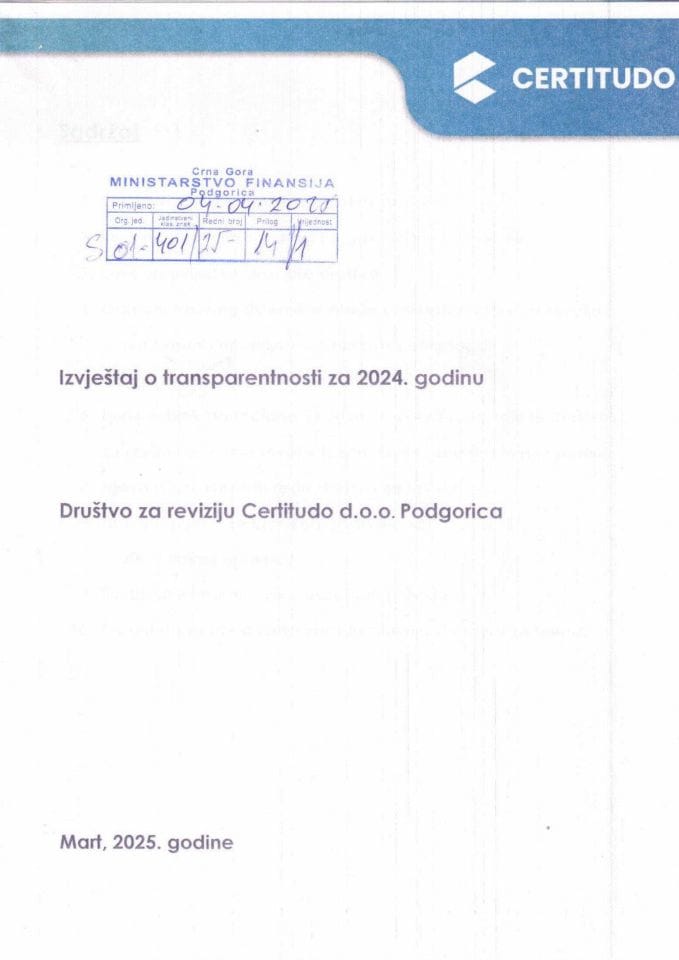 Izvještaj o transparentnosti za 2024. godinu - Društvo za reviziju Certitudo d.o.o. Podgorica