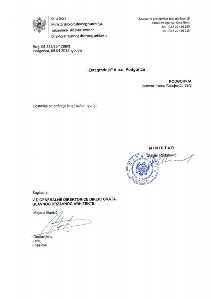 Rješenja glavnog državnog arhitekte - 08.04.2025 Rješenje -Zetagradnja doo Podgorica-Glavni grad Podgorica