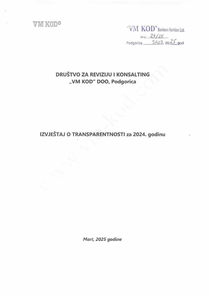 Izvještaj o transparentnosti za 2024. godinu - Društvo za reviziju i konsalting VM KOD d.o.o. Podgorica