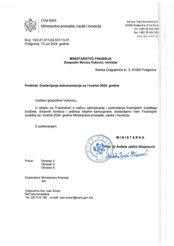 Finansijski izvještaj MPNI za I, II i III kvartal 2024. godine