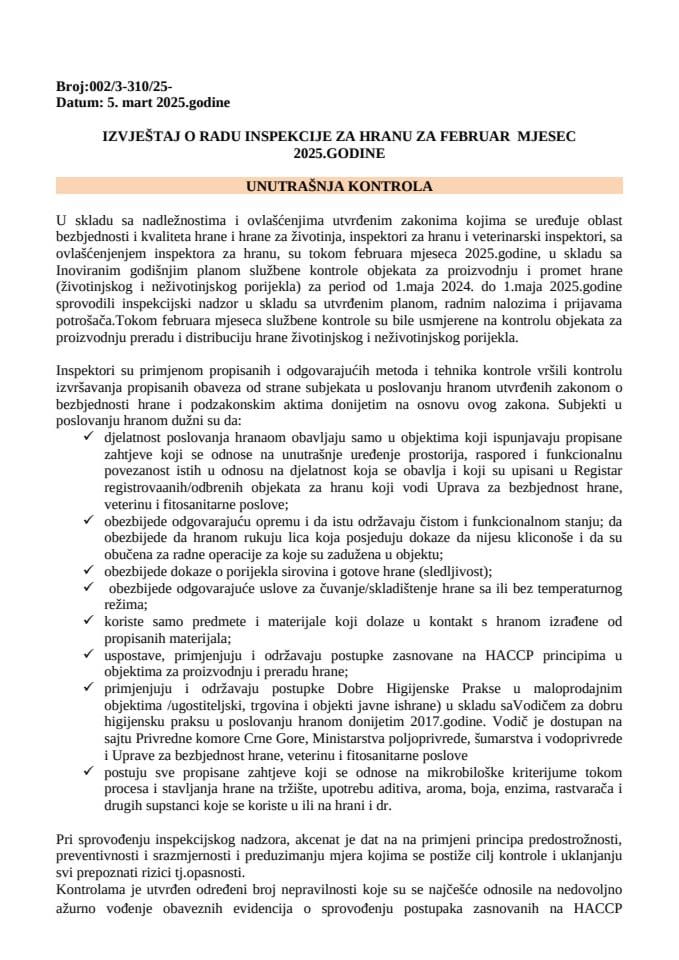 Izvještaj o radu inspekcije za hranu - februar 2025.