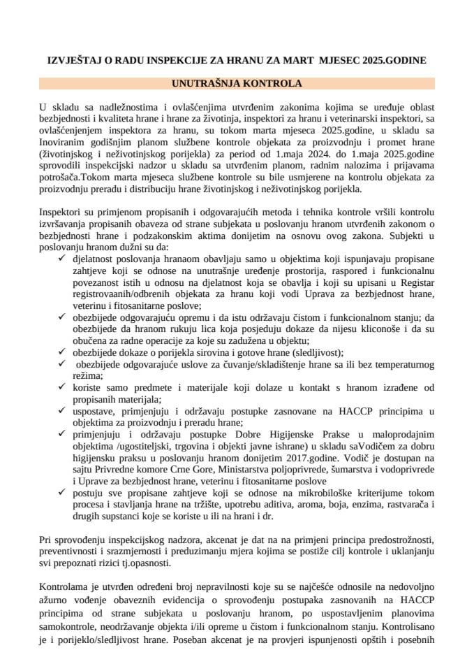 Izvještaj o radu inspekcije za hranu - mart 2025.
