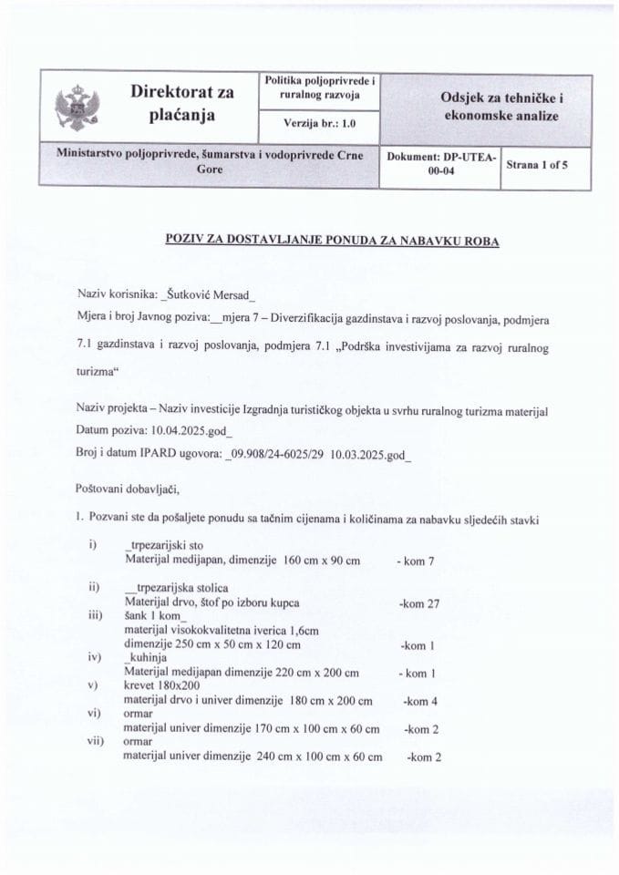 poziv za ponude robe