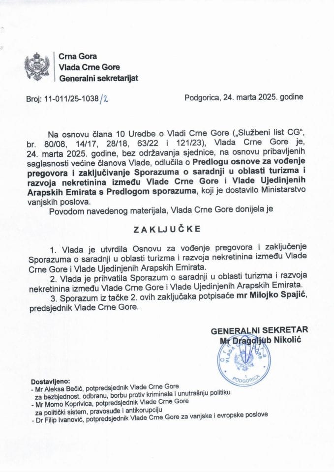 Predlog osnove za vodjenje pregovora i zaključivanje Sporazuma o saradnji u oblasti turizma i razvoja nekretnina izmedju Vlade Crne Gore i Vlade Ujedinjenih Arapskih Emirata s Predlogom sporazuma - zaključci