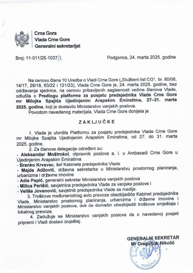 Predlog platforme za posjetu predsjednika Vlade Crne Gore mr Milojka Spajića Ujedinjenim Arapskim Emiratima, 27-31. marta 2025. godine - zaključci