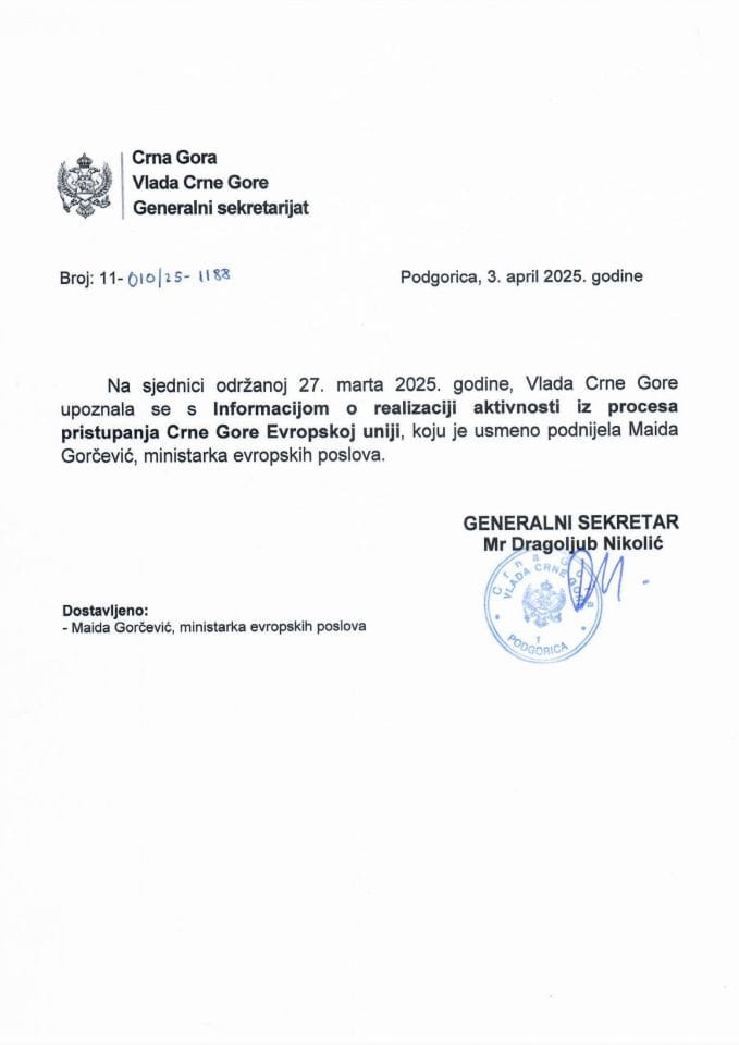 Усмена информација о реализацији активности из процеса приступања Црне Горе Европској унији - закључци