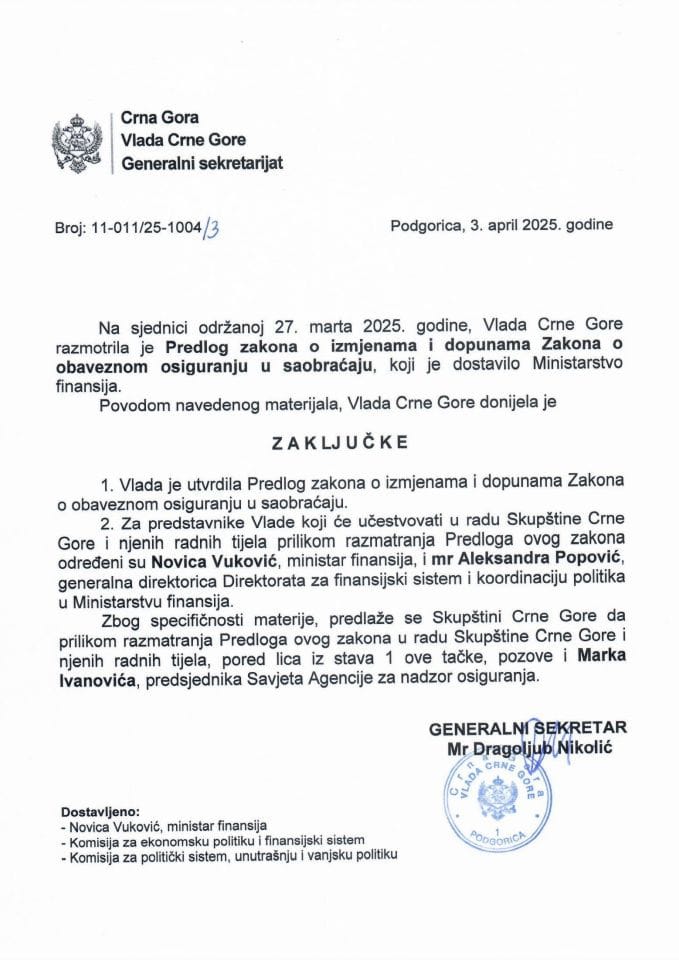 Предлог закона о измјенама и допунама Закона о обавезном осигурању у саобраћају - закључци