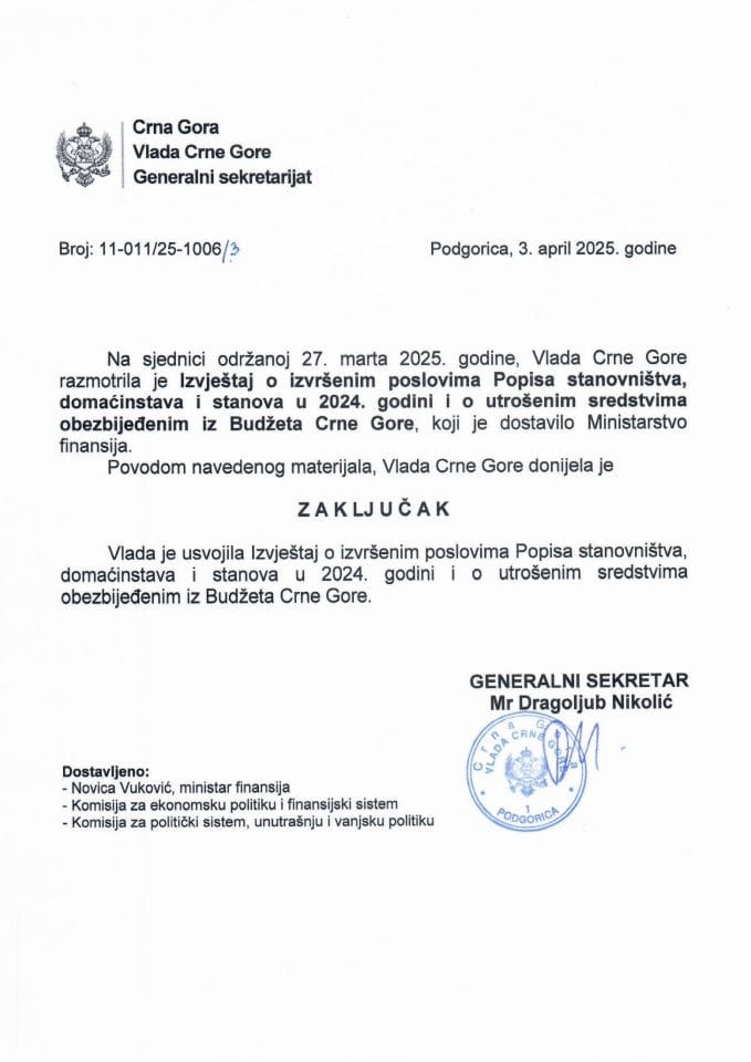 Извјештај о извршеним пословима Пописа становништва, домаћинстава и станова у 2024. години и о утрошеним средствима обезбијеђеним из Буџета Црне Горе - закључци