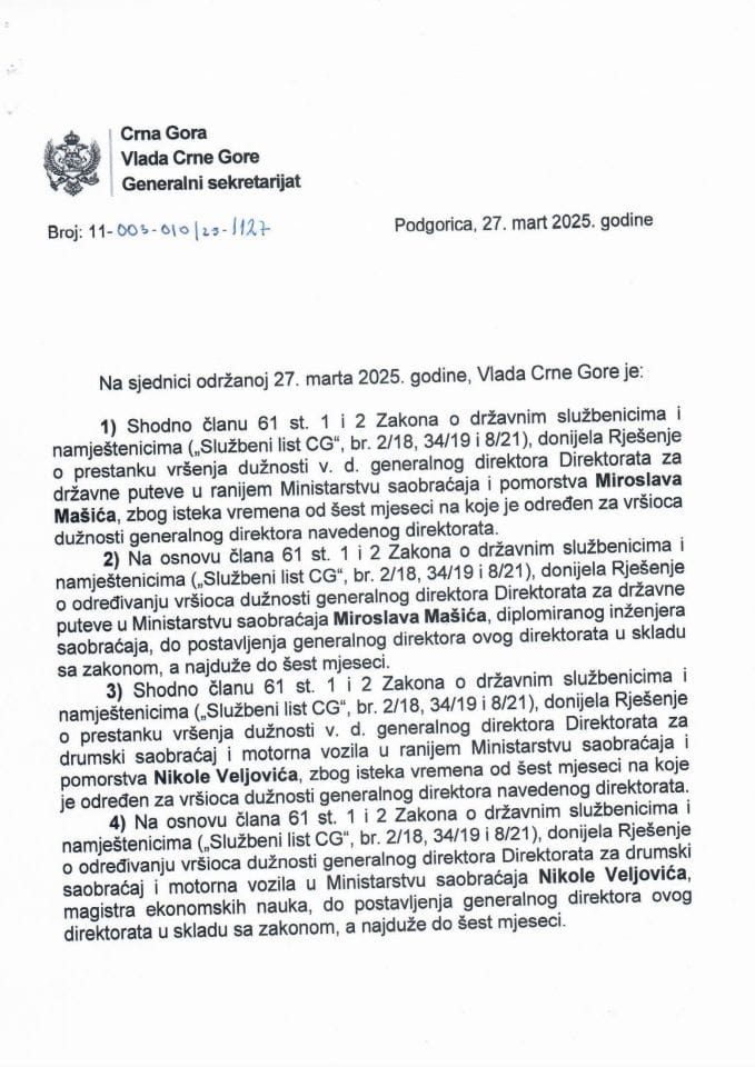 Кадровска питања - 74. сједница Владе Црне Горе - закључци