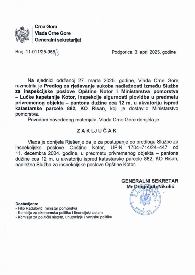 Предлог за рјешавање сукоба надлежности између Службе за инспекцијске послове Општине Котор и Министарства поморства - Лучке капетаније Котор, инспекције сигурности пловидбе у предмету привременог објекта – понтона дужине cca 12м - закључци