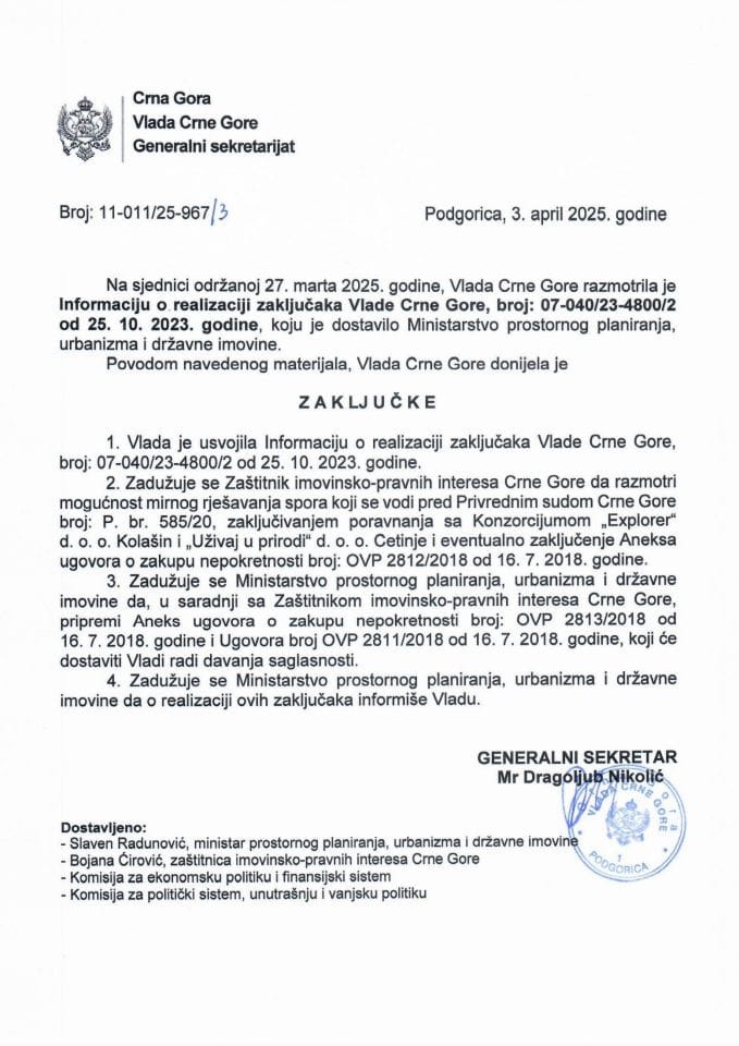 Информација о реализацији закључака Владе Црне Горе број: 07-040/23-4800/2 од 25. 10. 2023. године - закључци