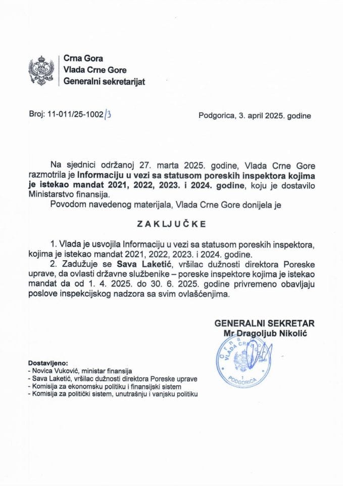 Информација у вези са статусом пореских инспектора којима је истекао мандат 2021, 2022, 2023. и 2024. године - закључци