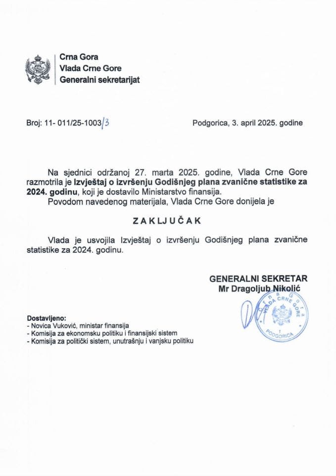 Извјештај о извршењу Годишњег плана званичне статистике за 2024. годину - закључци