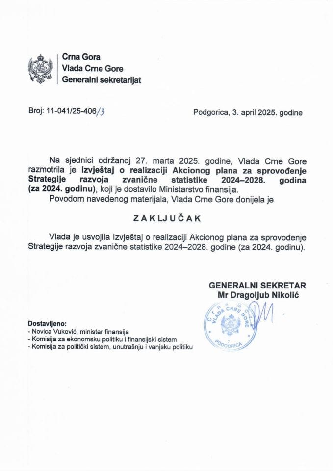 Извјештај о реализацији Акционог плана за спровођење Стратегије развоја званичне статистике 2024 - 2028. година (за 2024. годину) - закључци