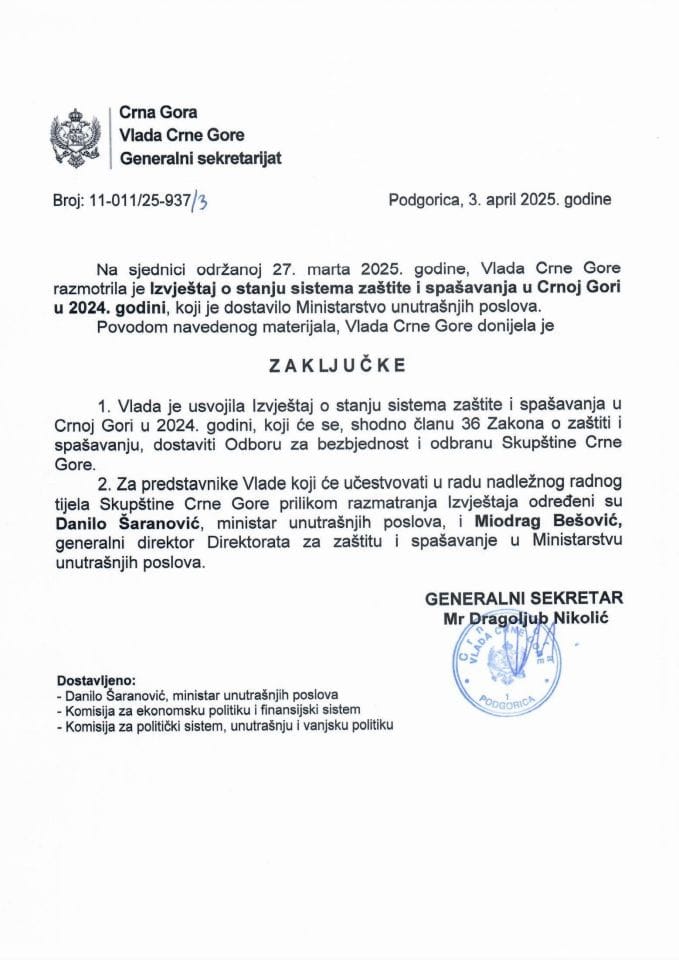 Извјештај о стању система заштите и спашавања у Црној Гори у 2024. години - закључци