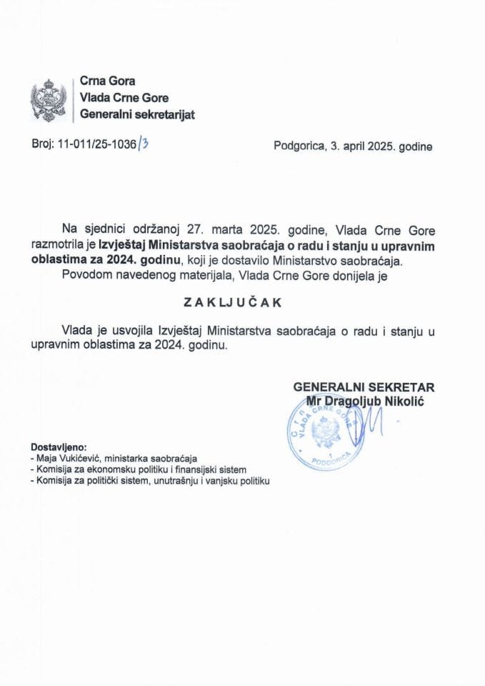 Извјештај Министарства саобраћаја о раду и стању у управним областима за 2024. годину - закључци