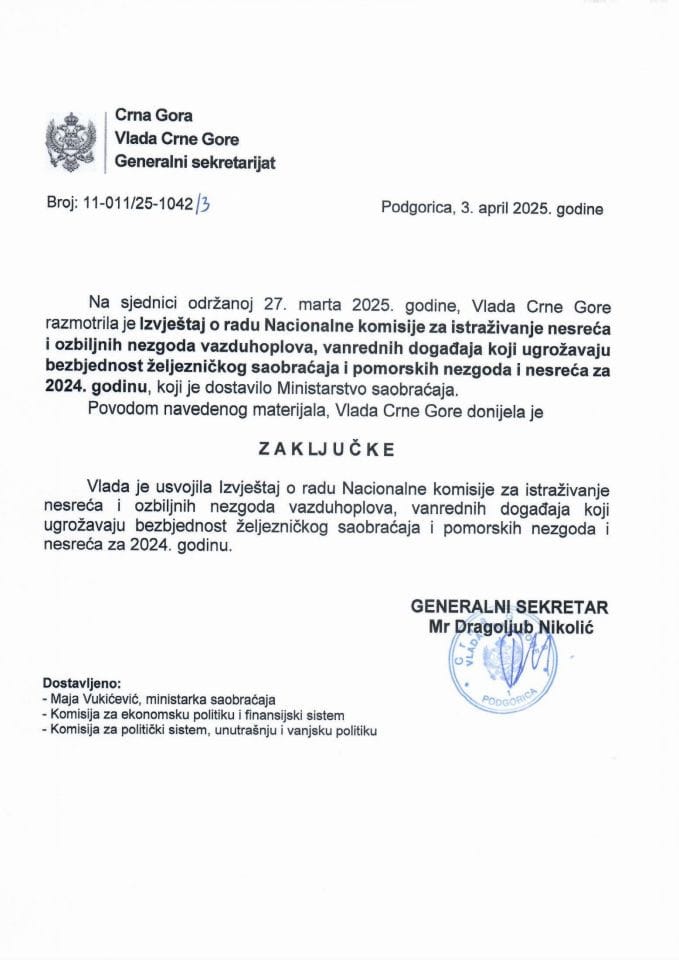 Izvještaj o radu Nacionalne komisije za istraživanje nesreća i ozbiljnih nezgoda vazduhoplova, vanrednih događaja koji ugrožavaju bezbjednost željezničkog saobraćaja i pomorskih nezgoda i nesreća za 2024. godinu - zaključci