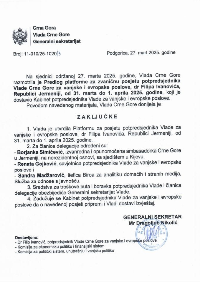 Предлог платформе за званичну посјету потпредсједника Владе Црне Горе за вањске и европске послове др Филипа Ивановића Републици Јерменији, од 31. марта до 1. априла 2025. године - закључци