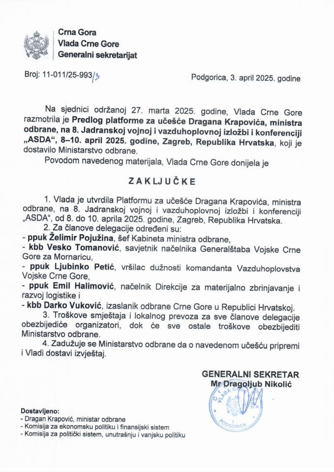 Предлог платформе за учешће Драгана Краповића, министра одбране, на 8. Јадранској војној и ваздухопловној изложби и конференцији „ASDA“, 8-10. април 2025. године, Загреб, Република Хрватска - закључци