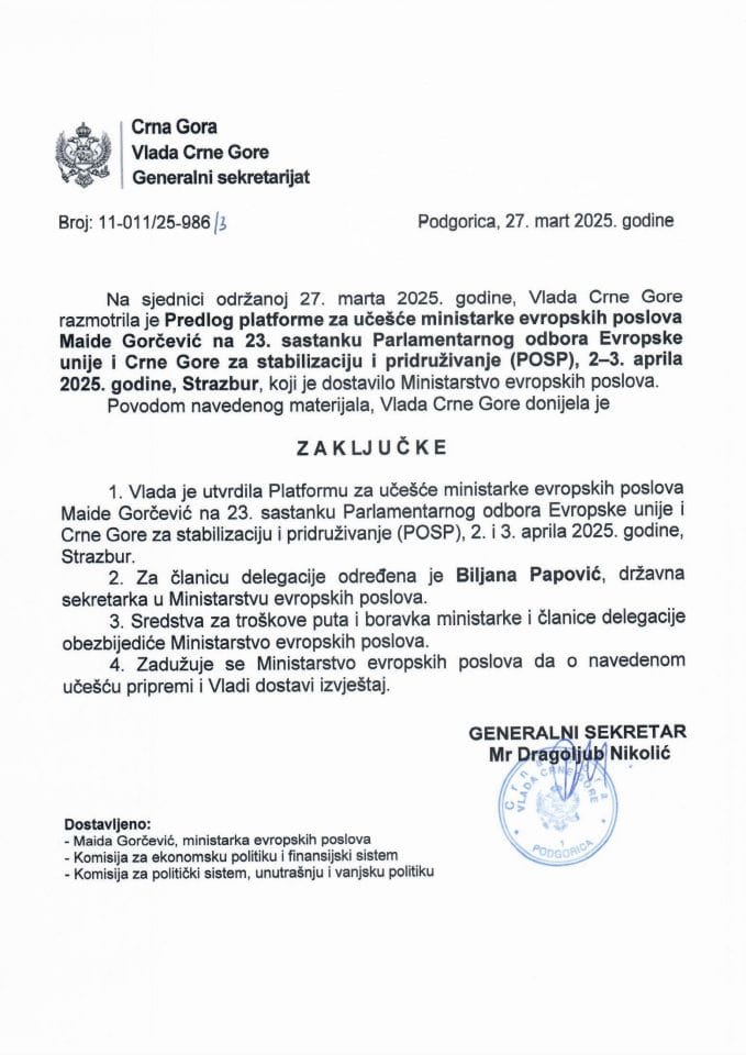 Предлог платформе за учешће министарке европских послова Маиде Горчевић на 23. састанку Парламентарног одбора Европске уније и Црне Горе за стабилизацију и придруживање (POSP), 2-3. април 2025. године, Стразбур - закључци