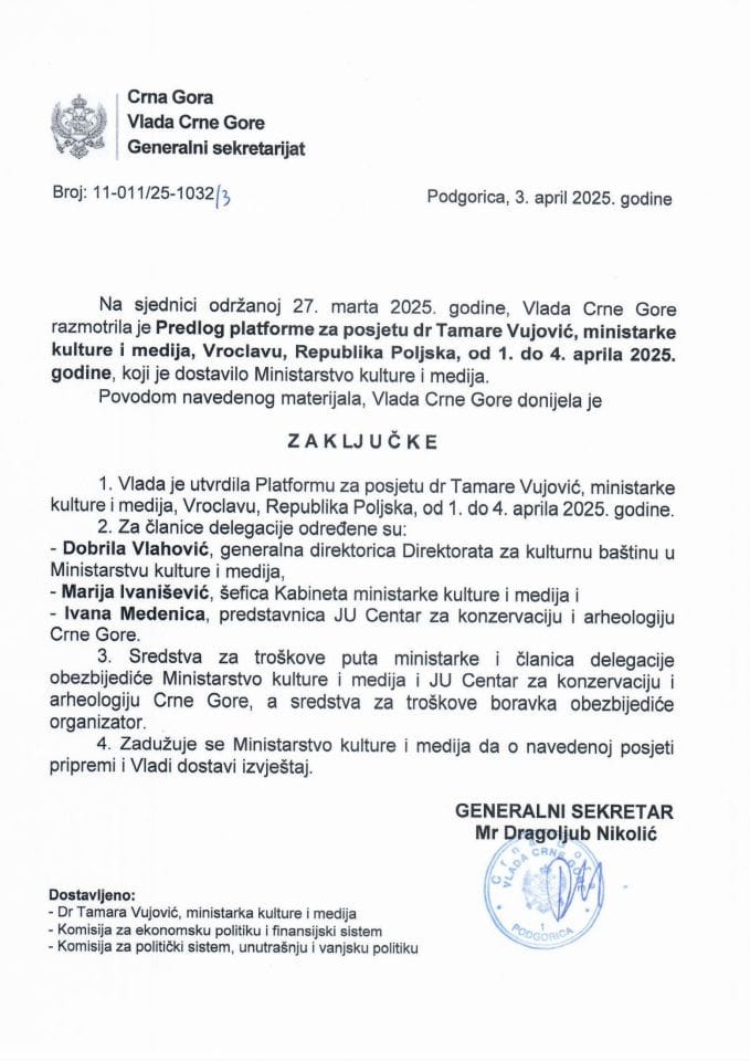 Предлог платформе за посјету др Тамаре Вујовић, министарке културе и медија, Вроцлаву, Република Пољска, од 1. од 4. априла 2025. године - закључци