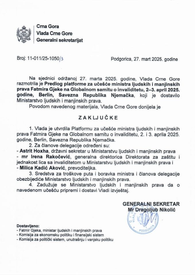 Предлог платформе за учешће министра људских и мањинских права Fatmira Gjeke на Глобалном самиту о инвалидитету, 2-3. април 2025. године, Берлин, Савезна Република Њемачка - закључци