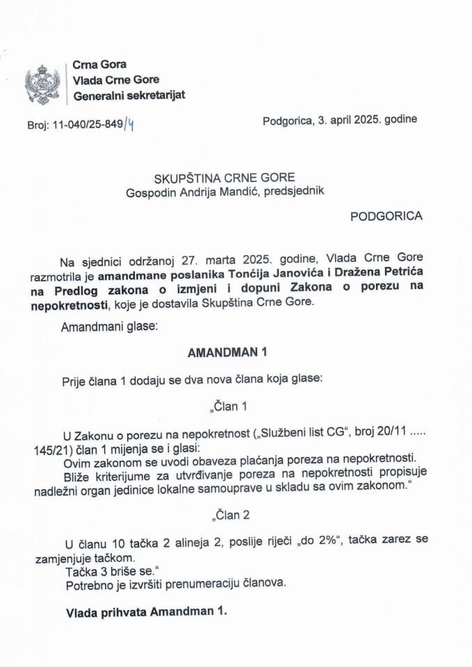 Предлог мишљења на амандмане (два) на Предлог закона о измјени и допуни Закона о порезу на непокретности (предлагачи посланици Тонћи Јановић и Дражен Петрић) - закључци