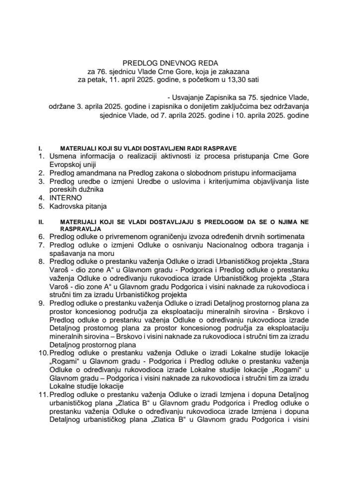 Predlog dnevnog reda za 76. sjednicu Vlade Crne Gore