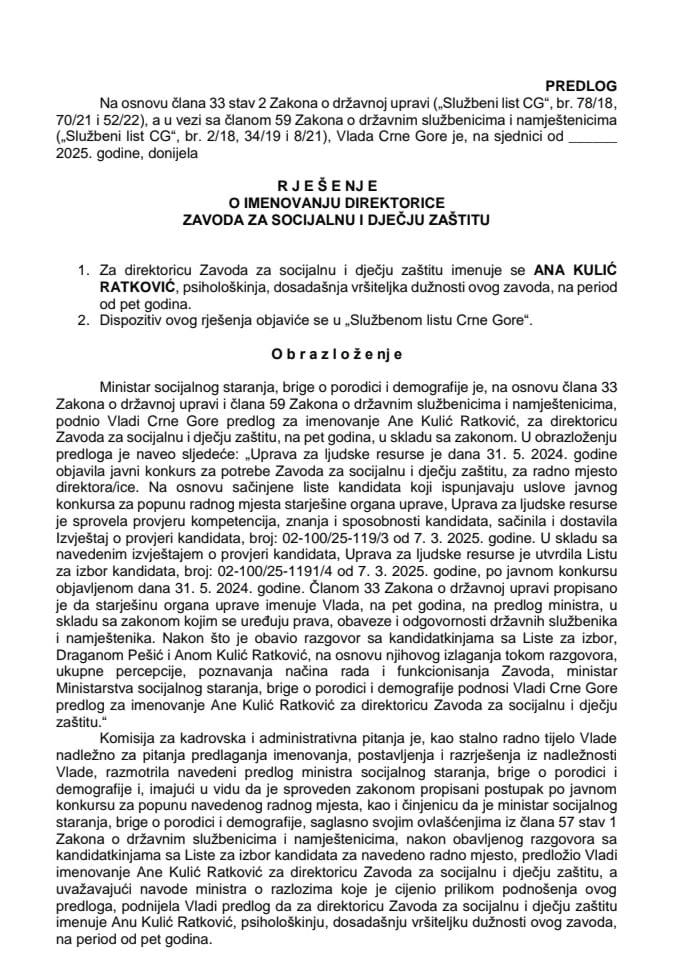 Predlog za imenovanje direktorice Zavoda za socijalnu i dječju zaštitu