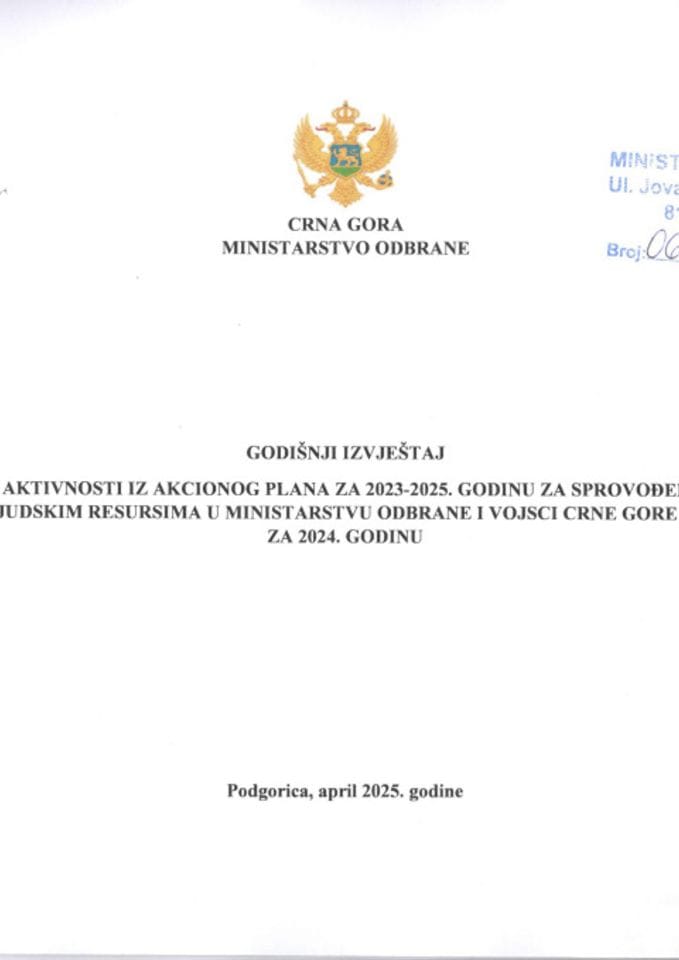 Godišnji izvještaj o realizaciji aktivnosti iz Akcionog plana za 2023-2025. godinu za sprovođenje Strategije upravljanja ljudskim resursima u Ministarstvu odbrane i Vojsci Crne Gore 2023-2027. godina za 2024. godinu