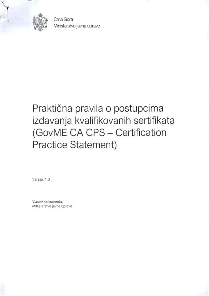Praktična pravila o postupcima izdavanja kvalifikovanih sertifikata (GovME CA CPS – Certification Practice Statement)