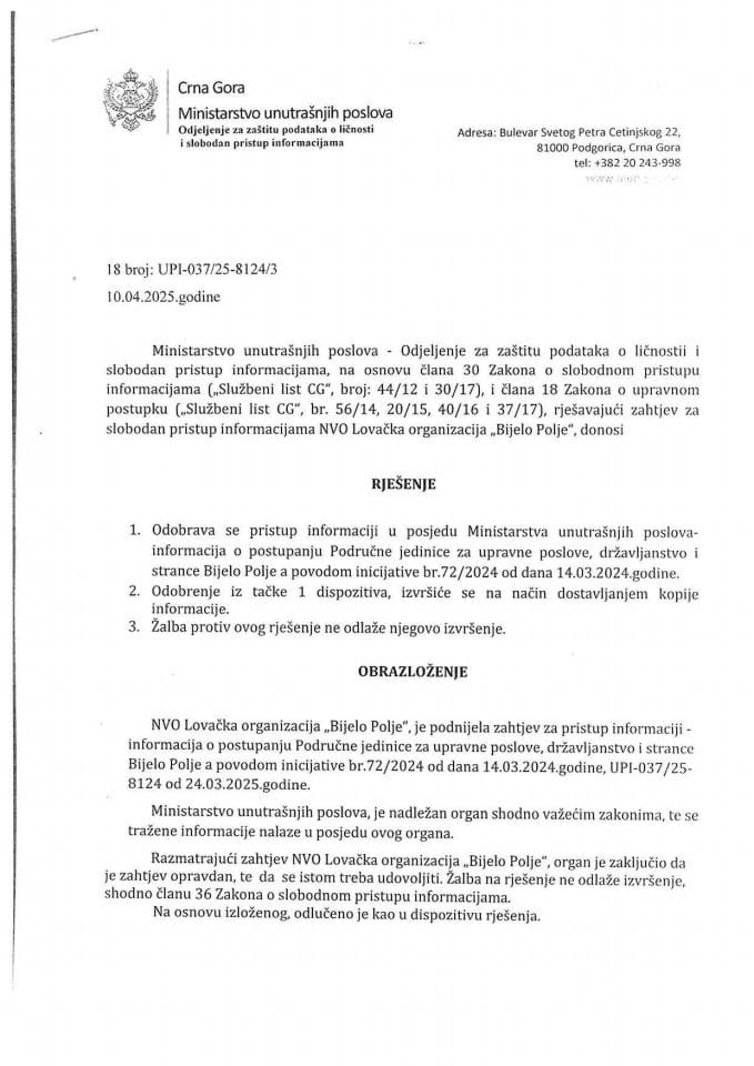 Rješenje br. 18-UPI-037/25-8124/3