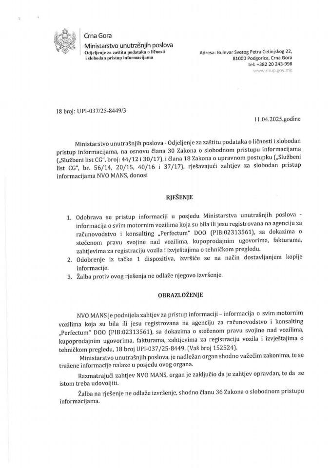 Rješenje br. 18-UPI-037/25-8449/3