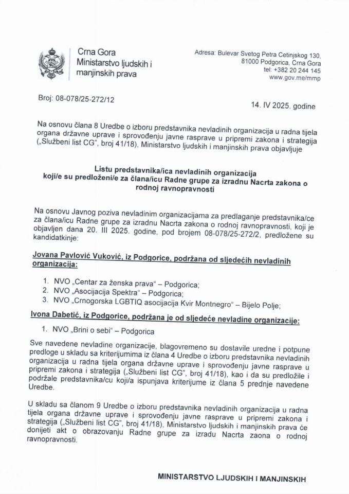 Листа представника/ица НВО оји/е су предложени/е за члана/ицу Радне групе за израдну Нацрта закона о родној равноправности