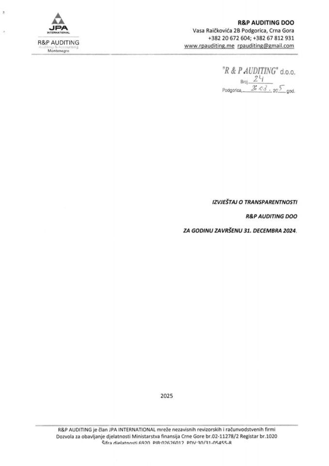 Izvještaj o transparentnosti za 2024. godinu - R&P AUDITING DOO