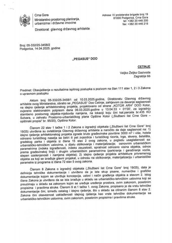 Obavještenja - Saglasnosti glavnog državnog arhitekte - 14.04.2025 Obavještenje -PEGASUS DOO, Cetinje -Opština Kotor