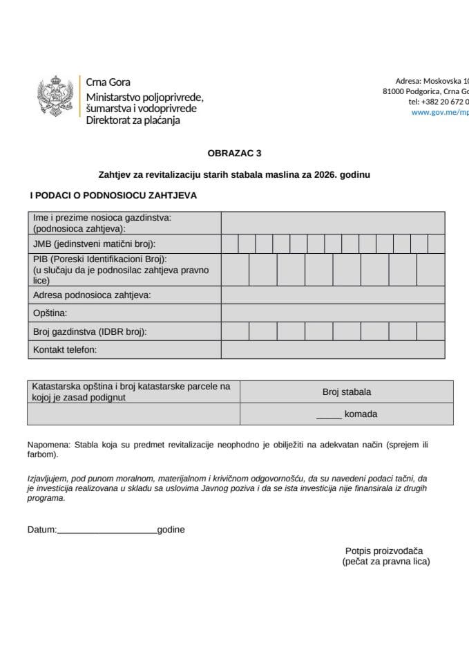 Obrazac 3 -Zahtjev za revitalizaciju maslina za  2026. godinu