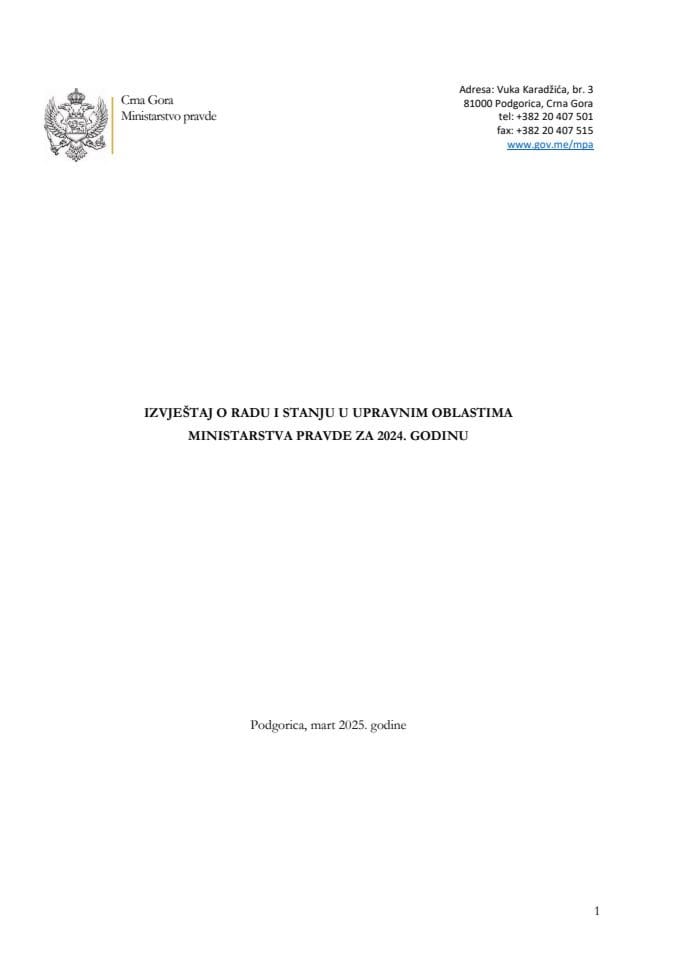 Izvještaj o radu i stanju u upravnim oblastima Ministarstva pravde za 2024. godinu