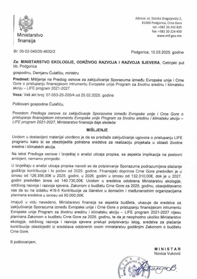 Mišljenje na Predlog osnove za zaključivanje sporazuma EU i CG LIFE 2021-2027