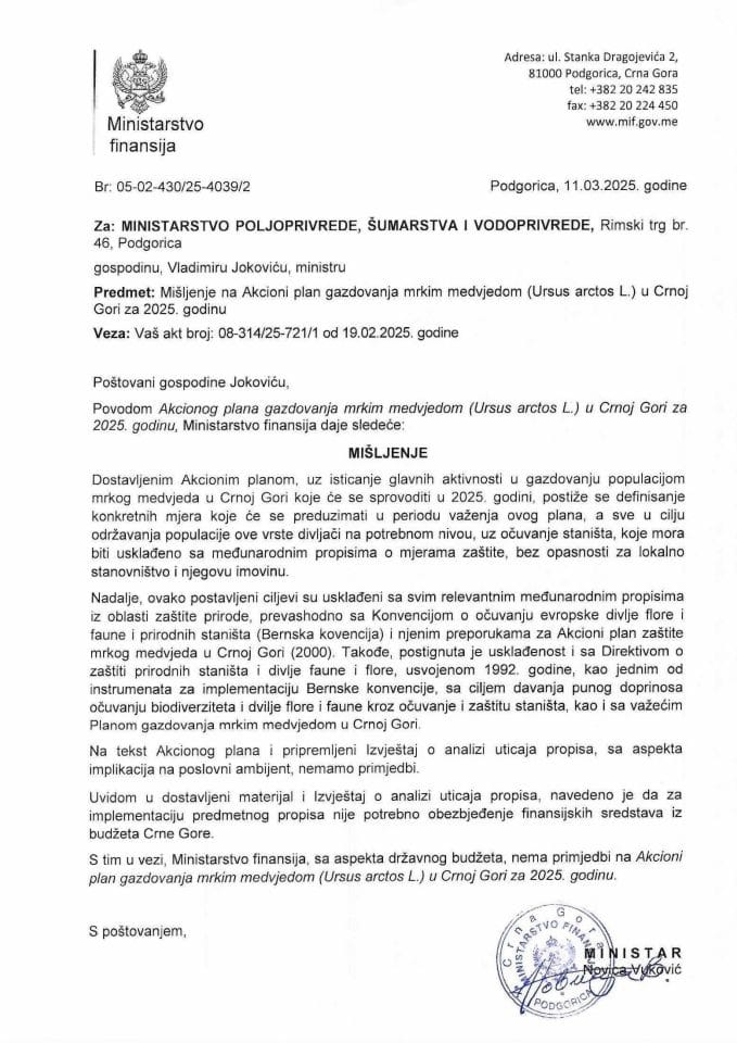 Mišljenje na Akcioni plan gazdovanja mrkim medvjedom u CG