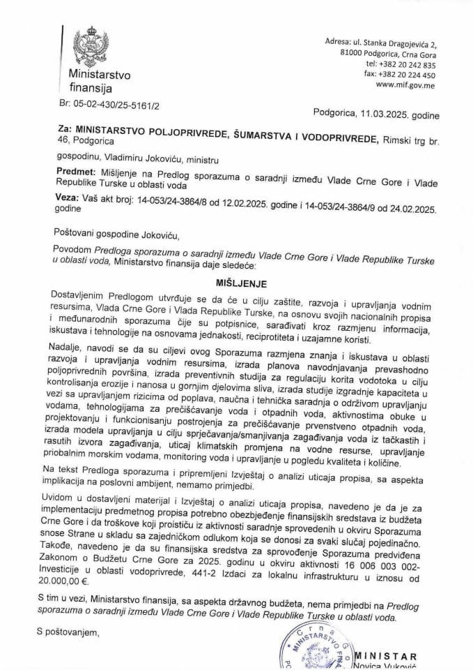 Mišljenje na Predlog sporazuma VCG i VT u oblasti voda