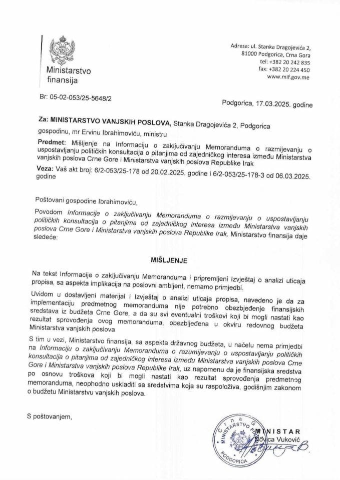 Mišljenje na Informaciju o zaključivanju Memoranduma političkih konsultacija MVP CG i Iraka