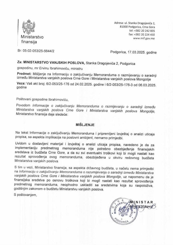 Mišljenje na Informaciju o zaključivanju memoranduma o razumijevanju MVP CG i Mongolije